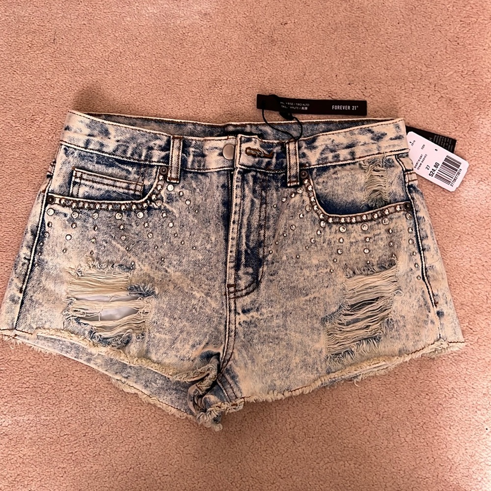NWT destroyed acid wash jean shorts with rhinestones